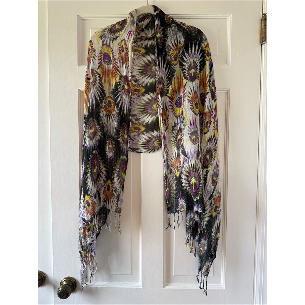Vibrant Peacock Print Shawl Scarf in Black, White, Purple & Yellow Boho Artsy
